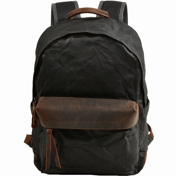 Black Waxed Canvas Satchel Backpack Canvas Mens School Backpack Waterproof Hiking Backpack For Men - iwalletsmen