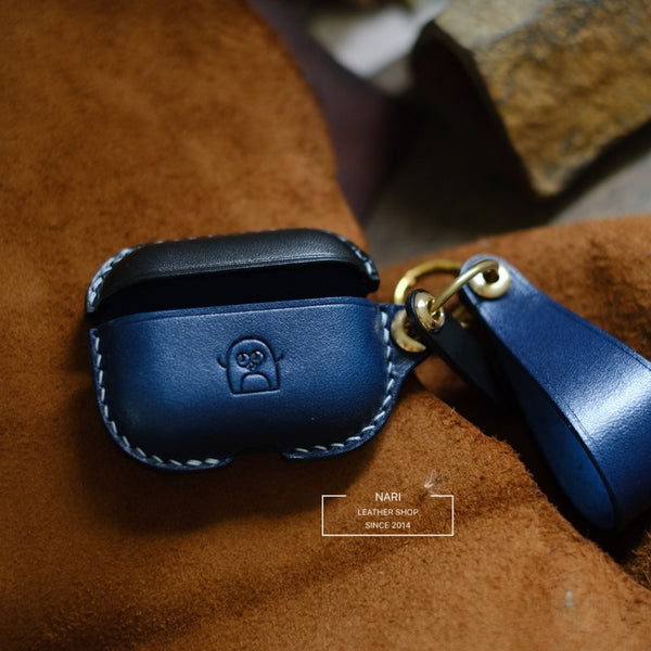 Handmade Black&Blue Leather AirPods Pro Case with Wristlet Strap Leather AirPods Case Airpod Case Cover