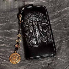 Badass Black Leather Men's Long Biker Handmade Wallet Ganesha Tooled Zipper Chain Long Wallets For Men - iwalletsmen