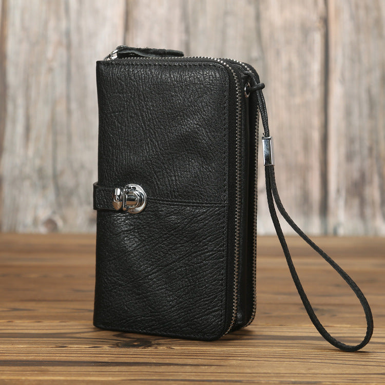 Black Leather Mens Wristlet Clutch Large Long Wallet Phone Purse for Men Double Zipper Wallet