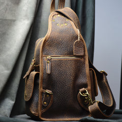Brown Leather Men's Sling Bag Chest Bag Cool One shoulder Backpack For Men