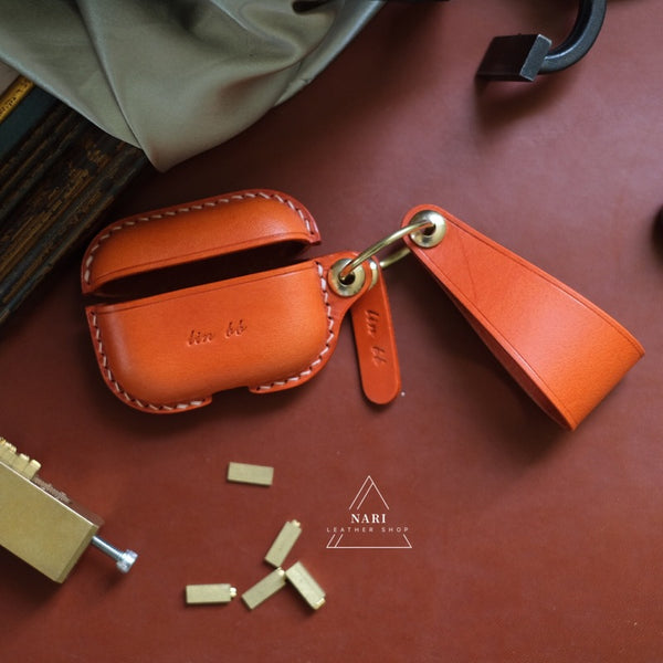 Handmade Orange Leather AirPods Pro Case with Wristlet Strap Leather AirPods Case Airpod Case Cover