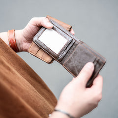 Cool Black Leather Mens Card billfold Wallet Bifold SMall License Wallet Brown Front Pocket Wallet For Men - iwalletsmen