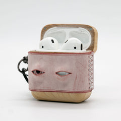 Handmade Pink Leather Wood AirPods Pro Case with Eyes Custom Leather AirPods Pro Case Airpod Case Cover - iwalletsmen