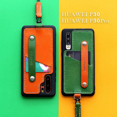 Handmade Black Leather Huawei P30 Case with Card Holder CONTRAST COLOR Huawei P30 Leather Case - iwalletsmen