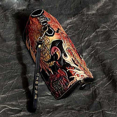 Badass Black Leather Men's Long Biker Wallet Golden Carp Handmade Tooled Zipper Long Wallets For Men - iwalletsmen