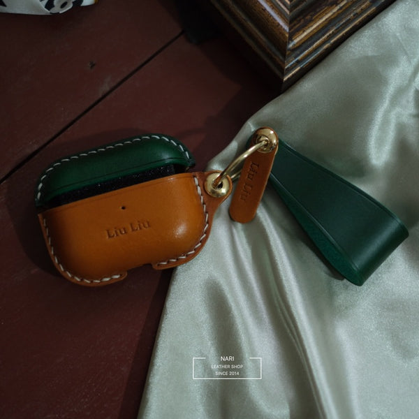 Handmade Green&Brown Leather AirPods Pro Case with Wristlet Strap Leather AirPods Case Airpod Case Cover