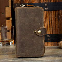 Cool Brown Mens long Wallet Bifold Zipper Clutch Wallet Cellphone Long Wallet for Men - iwalletsmen