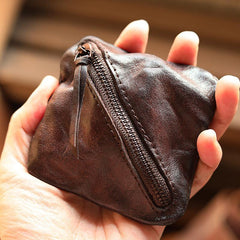 Vintage Slim Brown Leather Mens Coin Wallet Zipper Coin Holder Brown Change Pouch For Men - iwalletsmen
