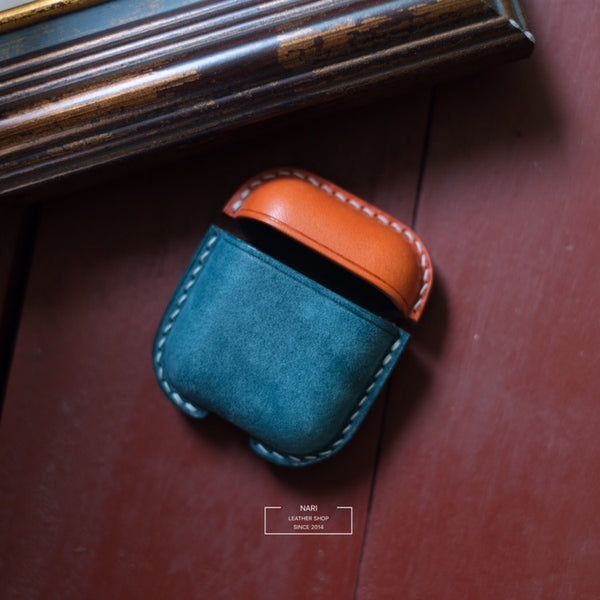 Personalized Orange&Blue Leather AirPods 1,2 Case Custom Leather 1,2 AirPods Case Airpod Case Cover
