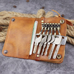 Brown Leather Key Case Key Wallet Men's Dark Coffee Key Holder Red Card Holder For Men - iwalletsmen