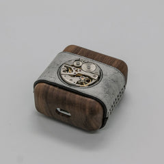Leather Wood AirPods 1,2 Case with Silver Watch Movement Handmade Custom Leather AirPods 1,2 Case Airpod Case Cover - iwalletsmen