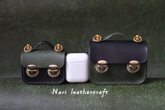 Cute Blue&Green Leather AirPods Pro Case with Shoulder Strap Handmade Leather Mini Satchel Purse