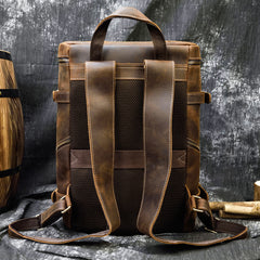 15'' Leather Mens Satchel Backpack Barrel Laptop Rucksack Vintage School Backpack For Men