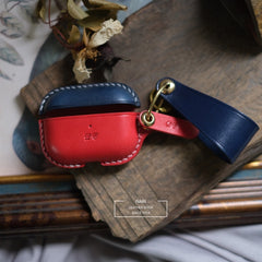 Handmade Blue&Red Leather AirPods Pro Case with Wristlet Strap Leather AirPods Case Airpod Case Cover