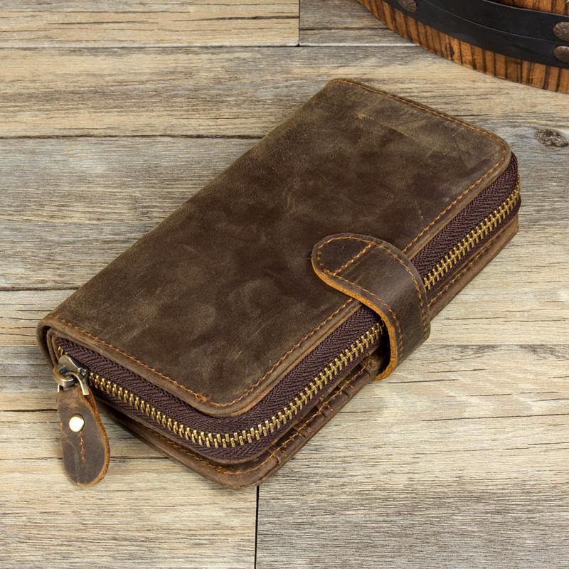 Cool Brown Mens long Wallet Bifold Zipper Clutch Wallet Cellphone Long Wallet for Men - iwalletsmen