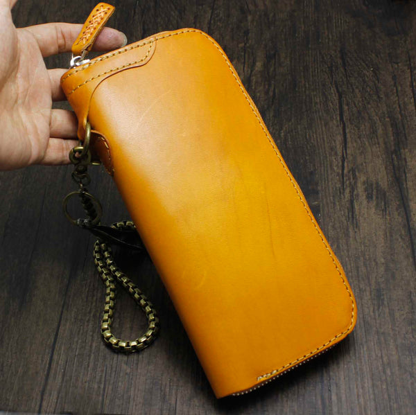 Cool Brown Leather Men's Biker Wallet Biker Chain Wallet Zipper Long Wallet with Chain For Men - iwalletsmen