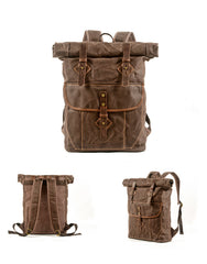 Coffee Waxed Canvas Mens Rollup Backpack Canvas Travel Backpack Waterproof Hiking Backpack For Men - iwalletsmen