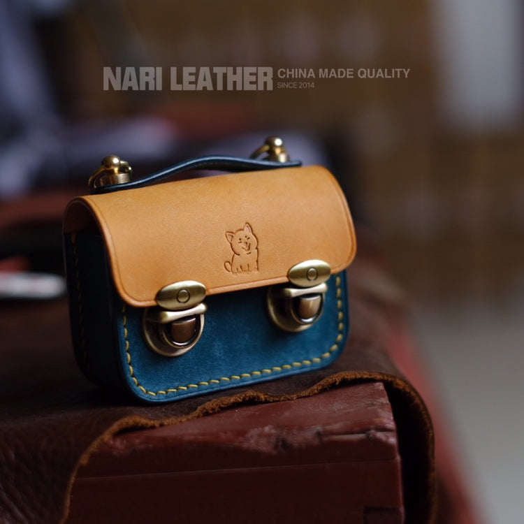 Cute Tan&Blue Leather AirPods Pro Case with Shoulder Strap Handmade Leather Mini Satchel Purse