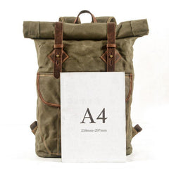 Army Green Waxed Canvas Mens Rollup Backpack Canvas Travel Backpack Waterproof Hiking Backpack For Men - iwalletsmen