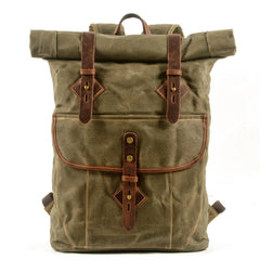 Army Green Waxed Canvas Mens Rollup Backpack Canvas Travel Backpack Waterproof Hiking Backpack For Men - iwalletsmen