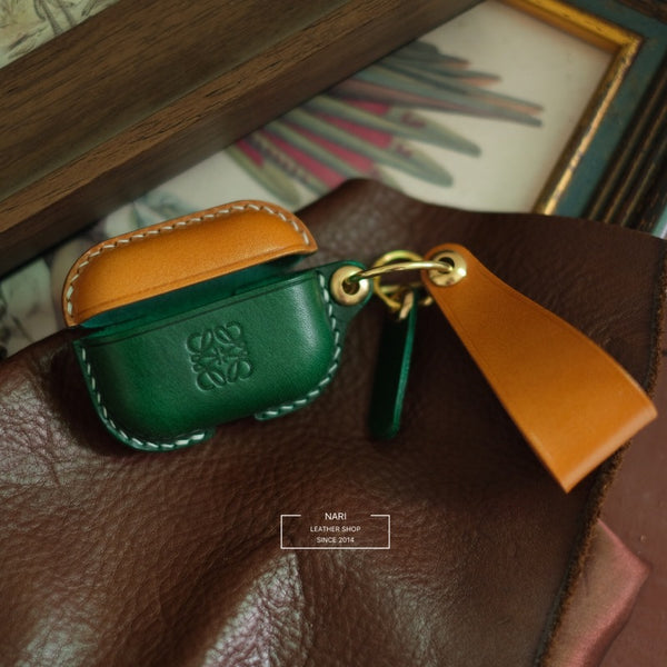 Handmade Tan&Green Leather AirPods Pro Case with Wristlet Strap Leather AirPods Case Airpod Case Cover