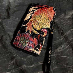 Badass Black Leather Men's Long Biker Wallet Golden Carp Handmade Tooled Zipper Long Wallets For Men - iwalletsmen