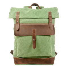 Green Waxed Canvas Mens School Backpack Canvas Travel Backpack Waterproof Hiking Backpack For Men - iwalletsmen