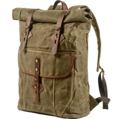 Khaki Waxed Canvas Mens Rollup Backpack Canvas Travel Backpack Waterproof Hiking Backpack For Men - iwalletsmen