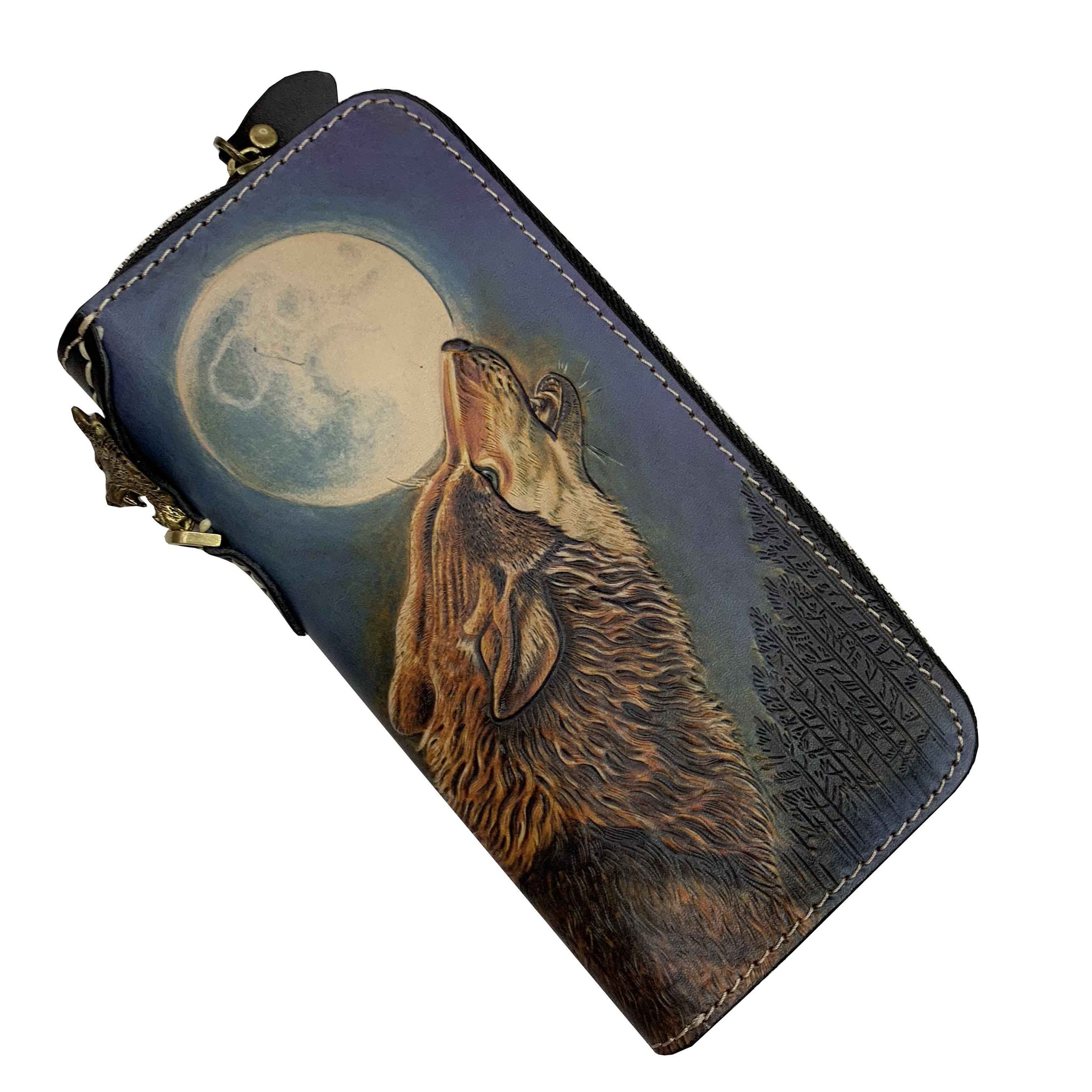 Handmade Cool Tooled Wolf Leather Men's Biker Chain Wallet Zipper Long Chain Wallet For Men - iwalletsmen