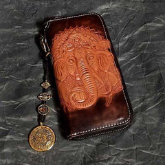 Badass Black Leather Men's Long Biker Handmade Wallet Ganesha Tooled Zipper Chain Long Wallets For Men - iwalletsmen