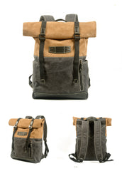 Khaki Waterproof Mens Rollup Backpack Canvas Travel Backpack Waxed Canvas Hiking Backpack For Men - iwalletsmen