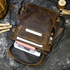 15'' Leather Mens Satchel Backpack Barrel Laptop Rucksack Vintage School Backpack For Men