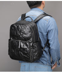 Black Leather Mens Backpack 15'' Laptop Rucksack Wrinkle School Backpack For Men