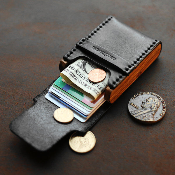 Cool Wooden Leather Mens Black Wallet Small Card Holder Black Coin Wallet for Men - iwalletsmen