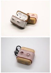 Handmade Pink Leather Wood AirPods 1,2 Case with Eyes Custom Leather AirPods 1,2 Case Airpod Case Cover - iwalletsmen