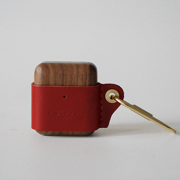 Red Wood Leather AirPods 1,2 Case with Clip Strap Leather Pro AirPods Case Airpod Case Cover - iwalletsmen