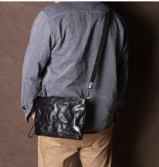 Coffee Leather Mens Wristlet Bag Clutch Wrinkled Slim Messenger Bag Side Bag for Men