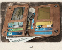 Brown Vintage Bifold Wallet Leather Mens Blue billfold Small Wallet Zipper Small Wallet For Men - iwalletsmen