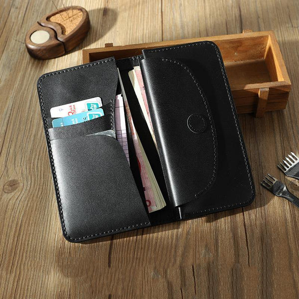 Black Leather Mens Bifold Long Wallets Personalized Handmade Black Travel Leather Wallet for Men - iwalletsmen