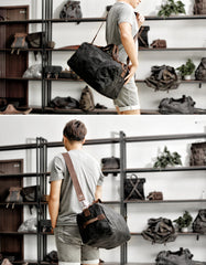 Black Waxed Canvas Gym Bag Weekend Travel Bag Canvas Mens Black Weekend Bag Duffle Bag For Men - iwalletsmen