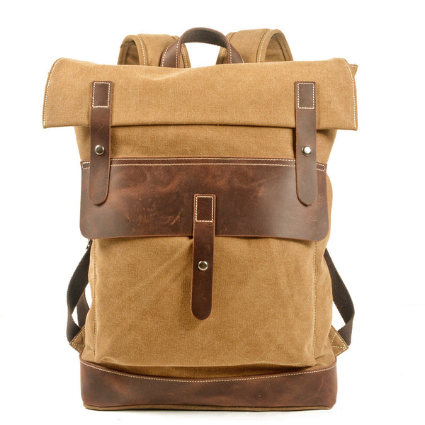 Khaki Waxed Canvas Mens School Backpack Canvas Travel Backpack Waterproof Hiking Backpack For Men - iwalletsmen