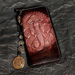 Badass Black Leather Men's Long Biker Handmade Wallet Ganesha Tooled Zipper Chain Long Wallets For Men - iwalletsmen