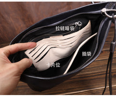 Black Leather Mens Wristlet Bag Clutch Wrinkled Slim Messenger Bag Side Bag for Men