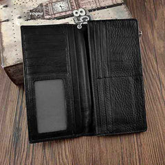 Badass Black Leather Men's Skull Long Biker Wallet Bifold Black Chain Long Wallets For Men - iwalletsmen