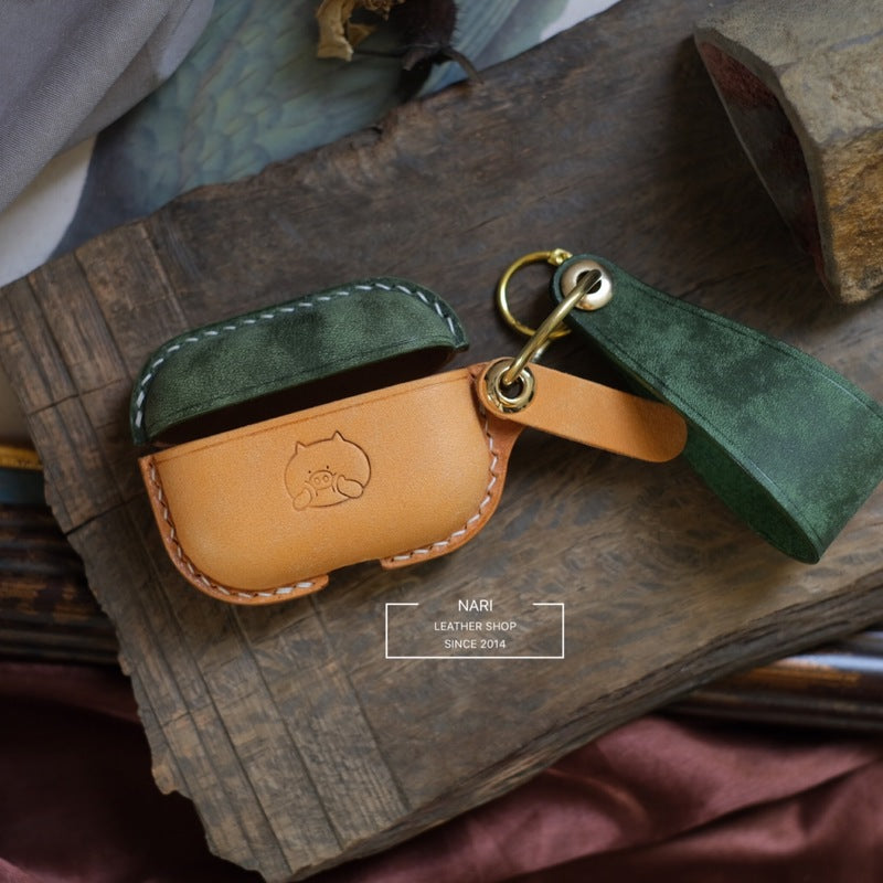 Handmade Green&Yellow Leather AirPods Pro Case with Wristlet Strap Leather AirPods Case Airpod Case Cover