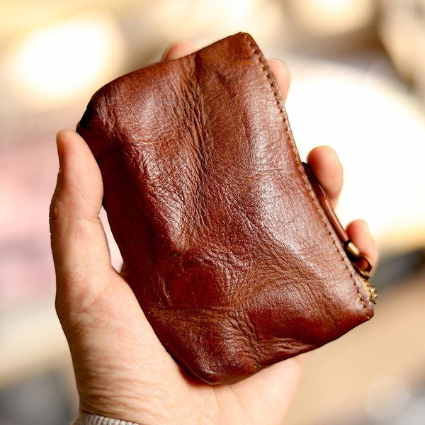 Vintage Slim Brown Leather Mens Coin Wallet Zipper Coin Holder Brown Change Pouch For Men - iwalletsmen