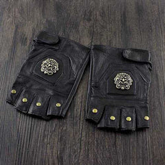 Cool Mens Black Dragon Head Leather Half-Finger Rock Gloves Black Motorcycle Gloves Biker Gloves For Men - iwalletsmen