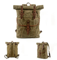 Army Green Waxed Canvas Mens Rollup Backpack Canvas Travel Backpack Waterproof Hiking Backpack For Men - iwalletsmen