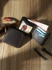 Handmade Slim Black Leather Mens Billfold Wallet Personalize Bifold Small Wallets for Men - iwalletsmen